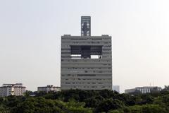 Shenzhen University Science and Technology building in the evening with illuminated windows