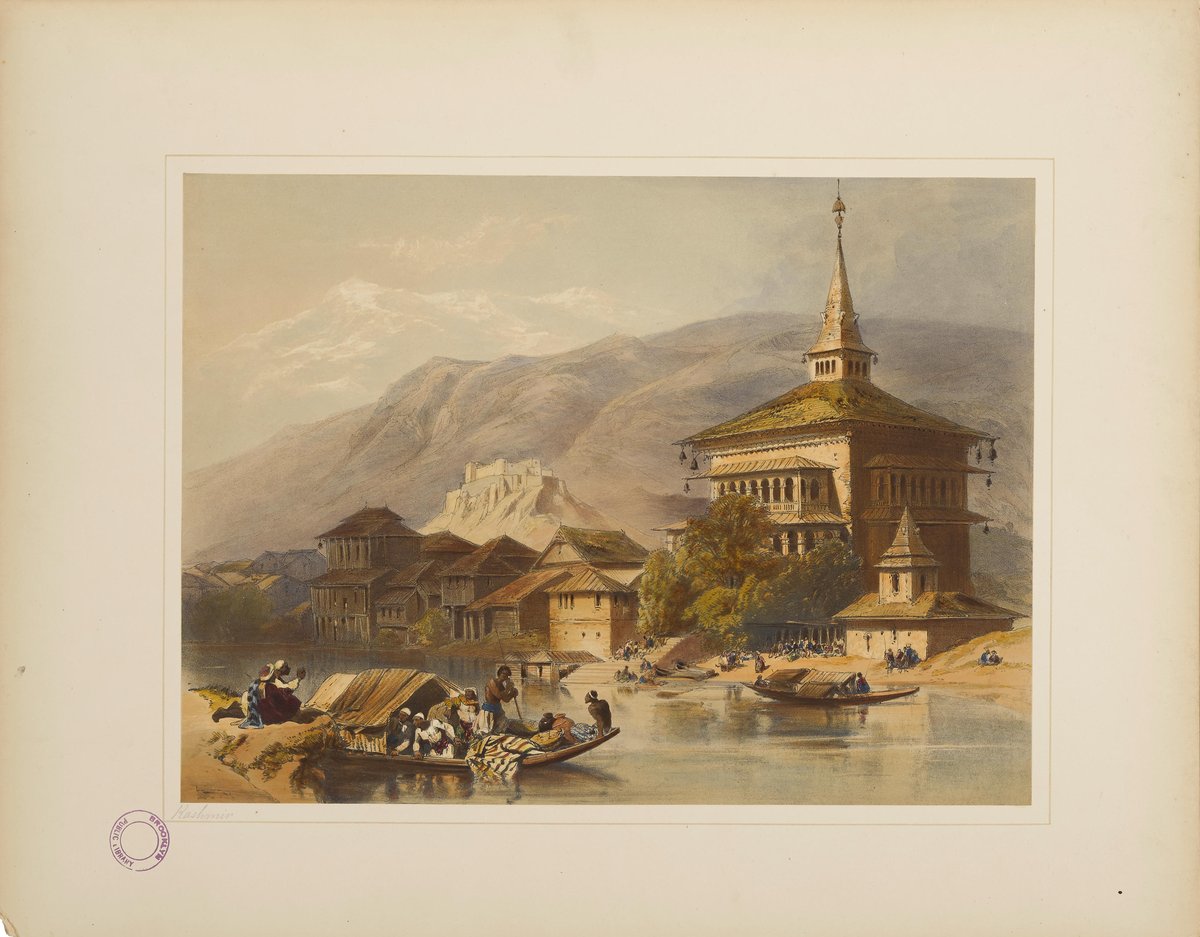 Historic hand-colored engraving of the city of Srinagar in Kashmir featuring the mosque of Shah Hamadan from 1847