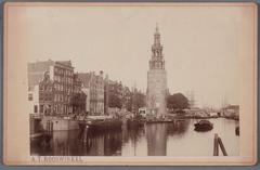 Oudeschans canal view towards Montelbaanstoren and Oosterdok with buildings along Recht Boomssloot in Amsterdam circa 1880