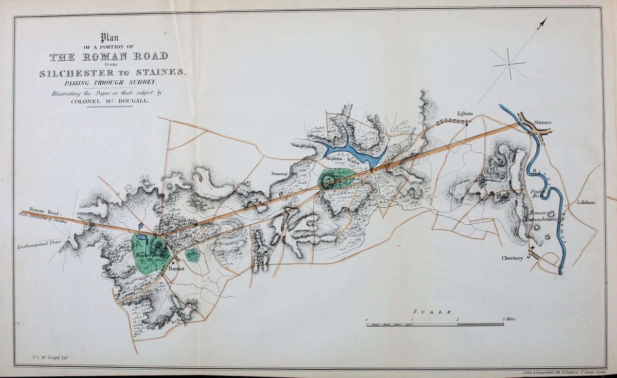 Map showing a portion of the Roman Road from Silchester to Staines through Surrey
