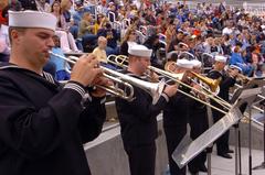 Navy Band Southwest Brass Quintet performing as USS Jefferson City crew is introduced at Sea World San Diego opening ceremony