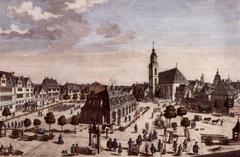 Colorized copper engraving of Hauptwache with view to Zeil from southwest 1738