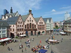 Römerberg square in Frankfurt, Germany with historic buildings and blue sky