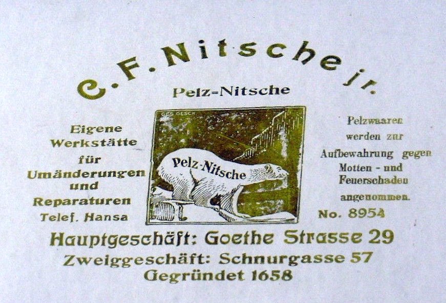 Pelzwaren storage box inscription of Pelz-Nitsche jr., C. F. Nitsche, Frankfurt am Main with company details and award info