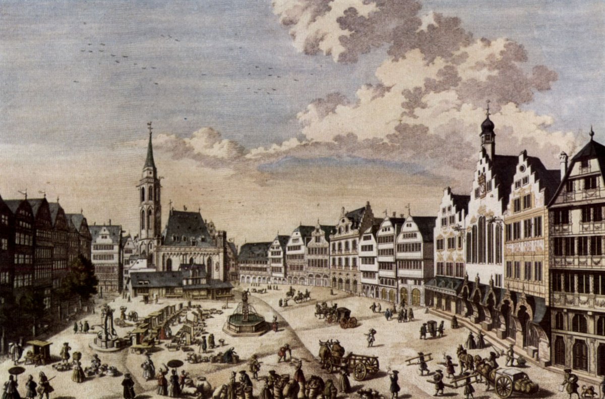 Colored copper engraving of the Römerberg square viewed from the north in 1738