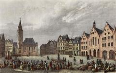 Historical steel engraving of Römerberg square in Frankfurt around 1840