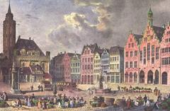 Historical engraving of Römerberg Frankfurt around 1840 showing old buildings and town square