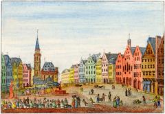 Roemerberg Square in Frankfurt am Main with historic buildings and clear blue sky