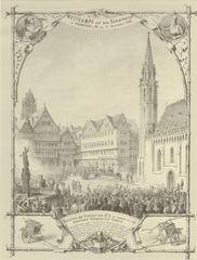 Historical image of Frankfurt Fire Brigade in 1863 with old-fashioned fire engines and firefighters