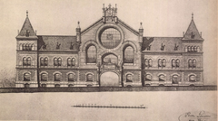 Samu Pecz's original architectural plan for the Central Market Hall facade on Vámház Boulevard, Budapest, from 1893 publication Építő Ipar
