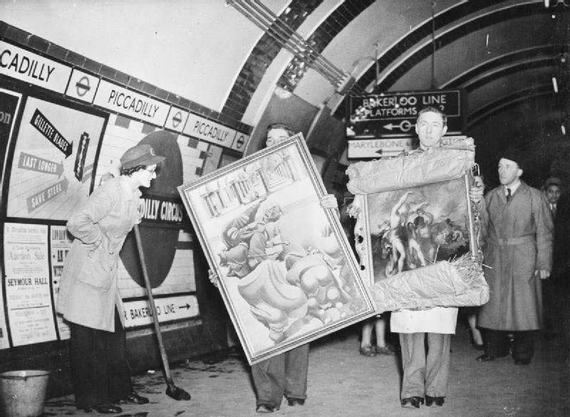 Works of art being brought out of storage at Piccadilly Underground Station during World War II