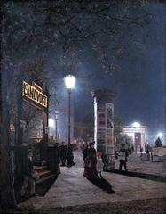 Early electric street lighting on a city street at dusk