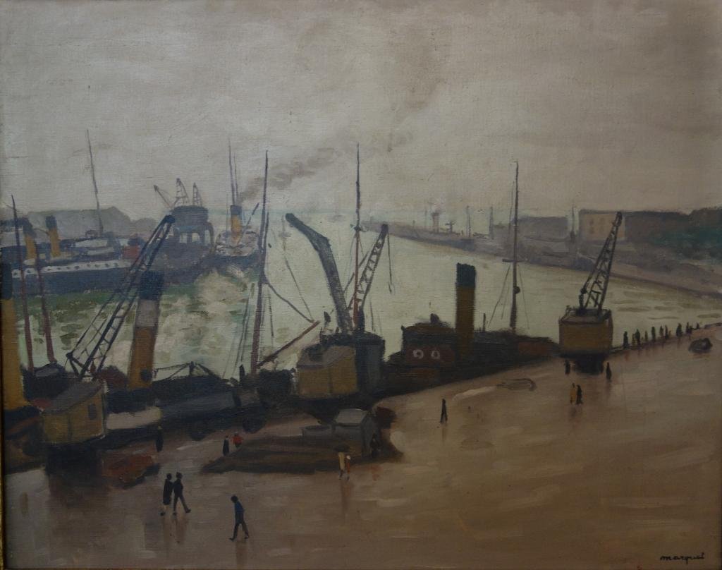 Painting of the port of Boulogne by Albert Marquet showing boats and waterfront
