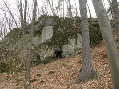 Entrance of Jeskyně Vokounka cave in Czech Republic surrounded by rocky terrain and green forest