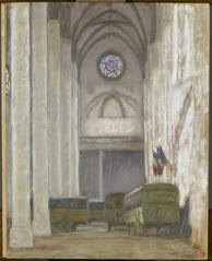 Interior view of the Jacobins Church in Toulouse in 1916 with vehicles containing evacuated paintings from the Louvre