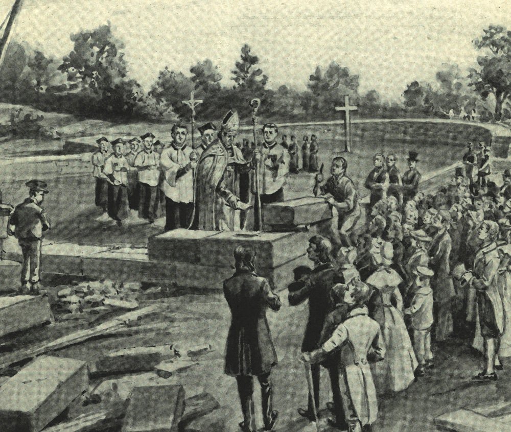 Bishop John Carroll laying the cornerstone for the Cathedral of the Assumption in Baltimore