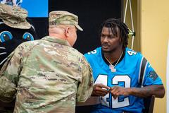 Carolina Panthers meet and greet event with mascot Sir Purr and TopCat Cheerleaders at 2d Cavalry Regiment Dragoon Inn Warrior Restaurant