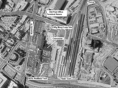 Aerial view of Los Angeles Union Passenger Terminal and surrounding area in late 1940s