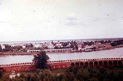 View of southern Novgorod Kremlin, Volkhov River, Yaroslav court arcade, and historic market area in 1970s
