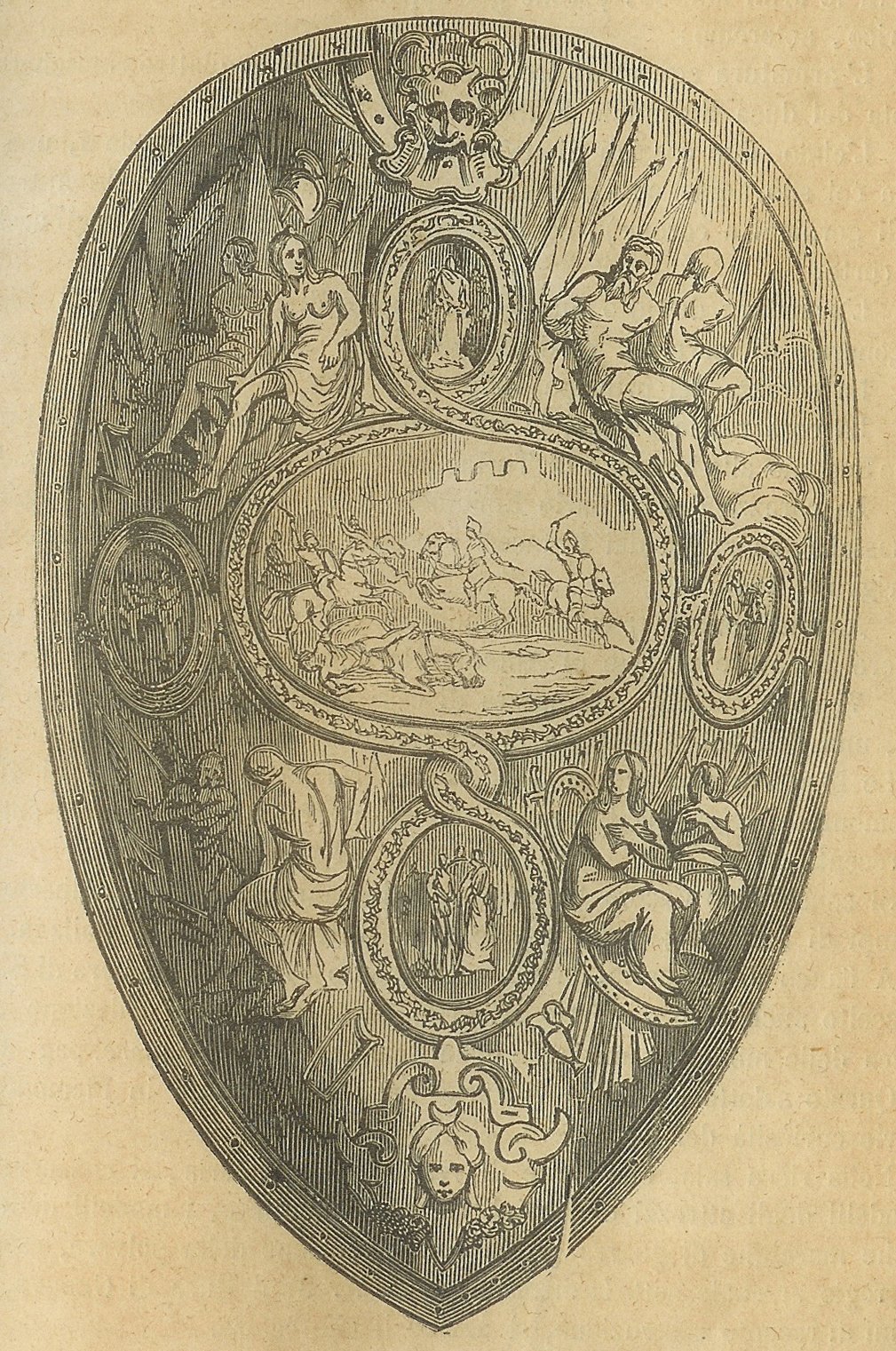 Engraving of a chiseled shield by Benvenuto Cellini in Armeria Reale Turin