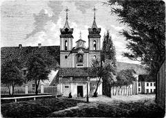 Historic view of Vilnia on Ludvisarskaja street showing the church and monastery of the Bonifratr order in 1863