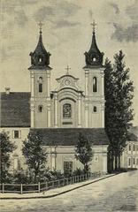 Historic black and white photo of Vilnia city street Ludvisarskaja with Bonifract monastery and church in 1911