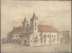 Historical illustration of Vilnia, Ludvisarskaja Street showing the church and monastery of the Bonifratrzy in 1854