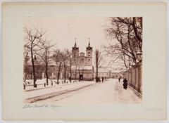 Vilnia city street Ludvisarskaja with Church of the Holy Cross and Bonifratr monastery, historic 1896 view