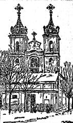 Historic street view in Vilnia featuring Ludvisarskaja Street with the Church and Monastery of the Banifract Order, Lithuania 1918
