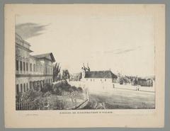 Historic view of Vilnia’s Ludvisarskaja Street and Pałacavy Square with Bonifratrzy Church and Monastery