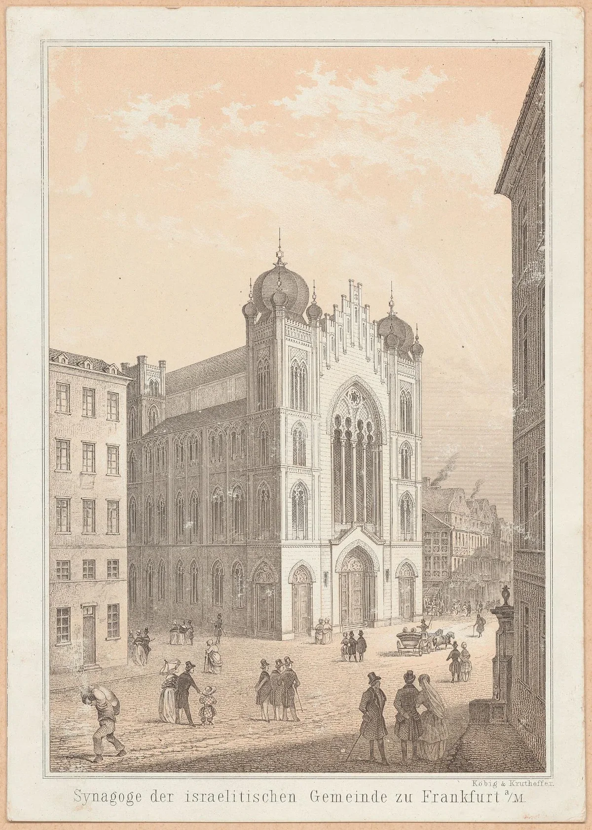 1855 lithograph of the synagogue of the Israelite community in Frankfurt am Main showing people in front of the unfinished building on Börnestraße