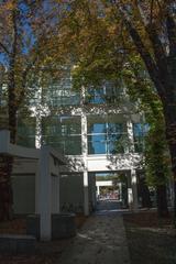 Exterior view of Museum für Angewandte Kunst in Frankfurt with Metzler Park in foreground