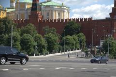 Crowded street scene in Moscow on August 9th, 2016 with pedestrians and vehicles