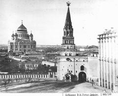 Borovitskaya Tower and Cathedral of Christ the Savior viewed from Kremlin in Moscow