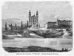 View of Vilnia's Śnipiški district along the Vialla river featuring the Church of Saint Raphael