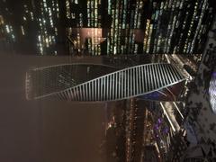 Evolution Tower in Moscow illuminated at night in December 2021