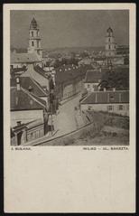 Vilnius city street Bakšta with Church of Our Lady of Consolation and Saint Augustine and Augustinian monastery in 1914