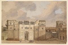 Painting of Fort Govindghar in Amritsar with red-coated soldiers in foreground