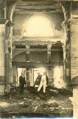 1923 fire damage to St. Mark's Cathedral in Bangalore showing charred and damaged structure