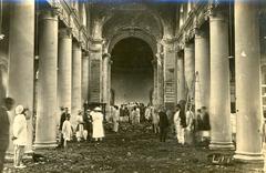 1923 fire damage to St. Mark's Cathedral in Bangalore showing charred walls and debris
