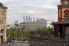 View from Red Square east of St. Basil's Cathedral showing Zaryadye Park and Rausch power plant