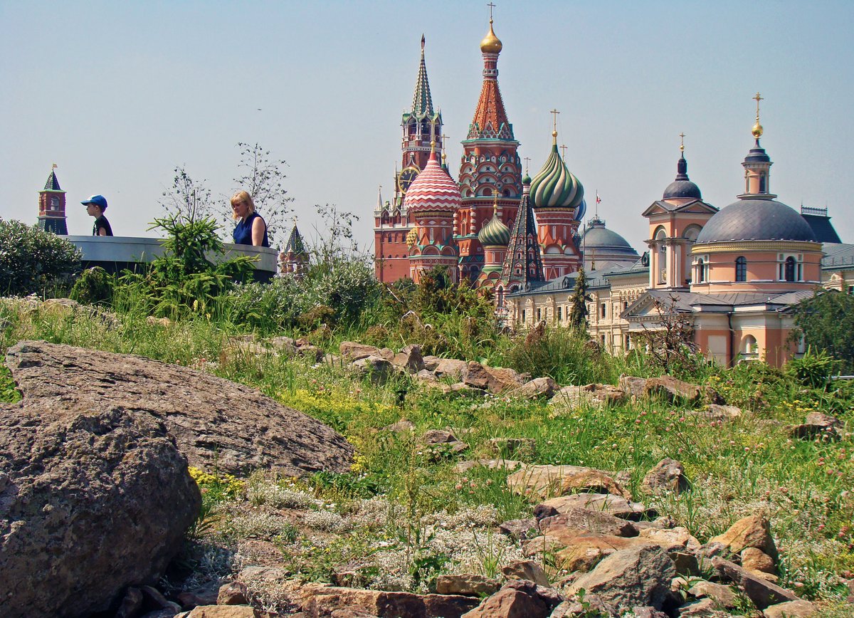 View from Zaryadye Park in Moscow showing Saint Basil's Cathedral on the left and Church of Saint Barbara on the right