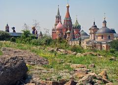 View from Zaryadye Park in Moscow showing Saint Basil's Cathedral on the left and Church of Saint Barbara on the right