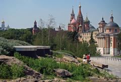View of the Kremlin, Saint Basil's Cathedral, and the Church of Saint Barbara from Zaryadye Park in Moscow