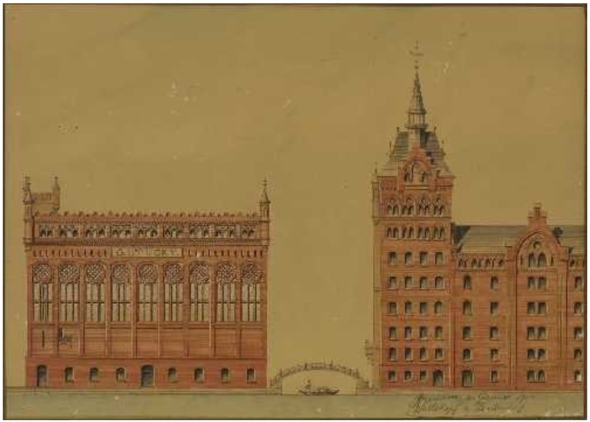 1905 watercolor and pen architectural drawing of an 8000-ton silo storage project in Venice by Ernst Wullekopf