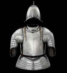 Half armor traditionally worn by foot soldiers with head defenses and left forearm protection