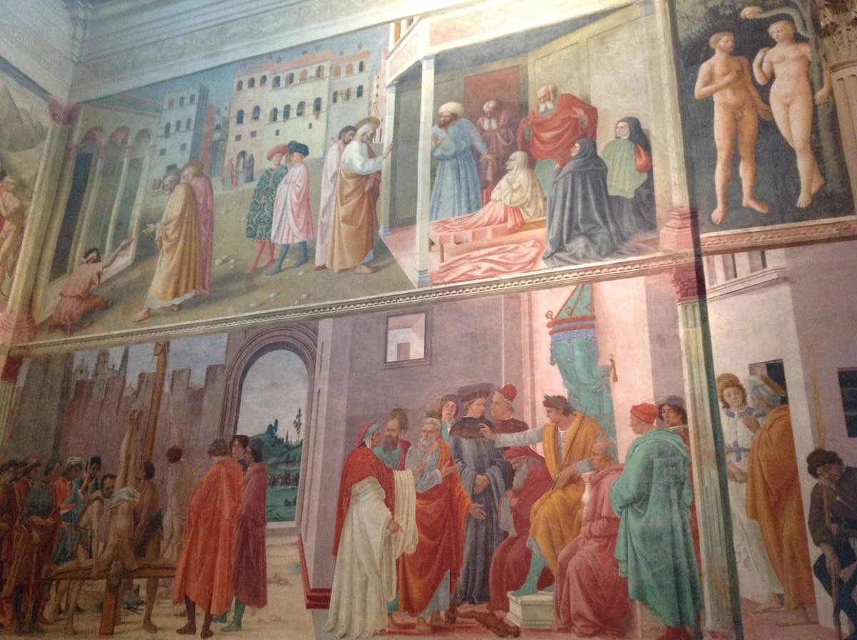 Cappella Brancacci fresco depicting Healing of the Cripple, Raising of Tabitha, Disputation with Simon Magus, and Crucifixion of St. Peter