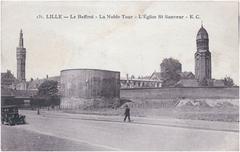 View of rue Georges Lefebvre in Lille with the Belfry of the new City Hall, the Noble Tower, and Saint-Sauveur Church