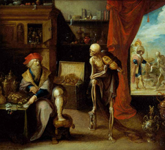 Allegory of Richness painting by Frans Francken II depicting a rich old man invited by Death for the last dance
