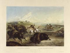 Native American Indians hunting bison on horseback in a prairie landscape